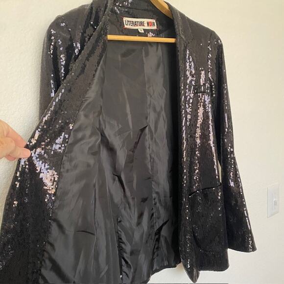 Literature Noir Black Sequin Blazer Formal Lined Pockets Open Front Women's M - Picture 9 of 13
